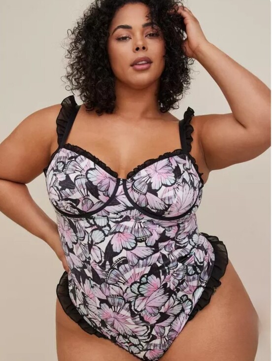 torrid Tops - NWT Torrid 1 Satin Ruffle Bodysuit Butterfly Print Pink Black Underwire 3387-c